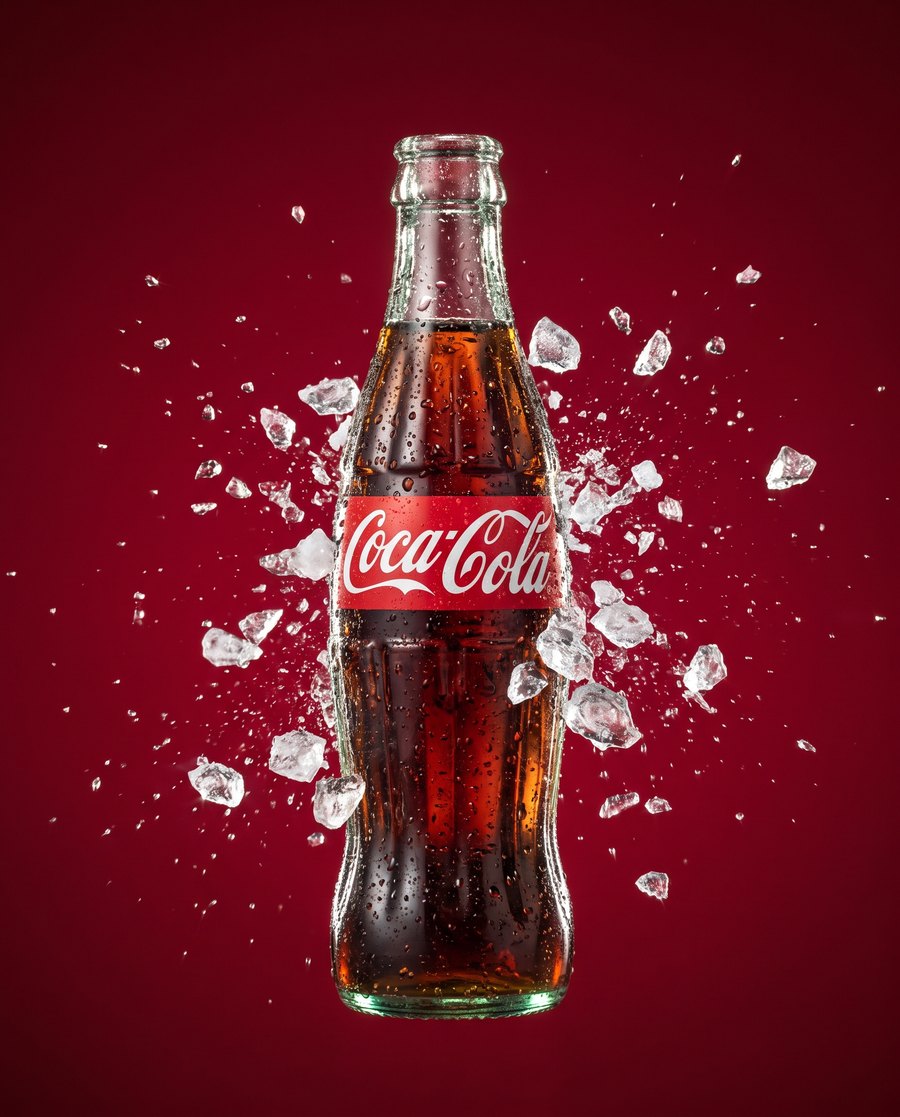 AI produktový vizuál — Coca-Cola láhev s ledem, ikonická kampaň